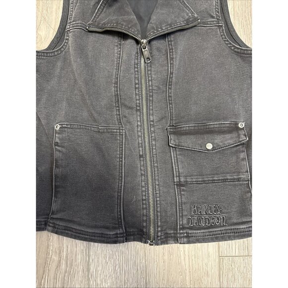 HARLEY DAVIDSON EMBROIDERED WINGED LOGO BLACK FULL ZIP DENIM VEST WOMEN'S SIZE M - Picture 9 of 12